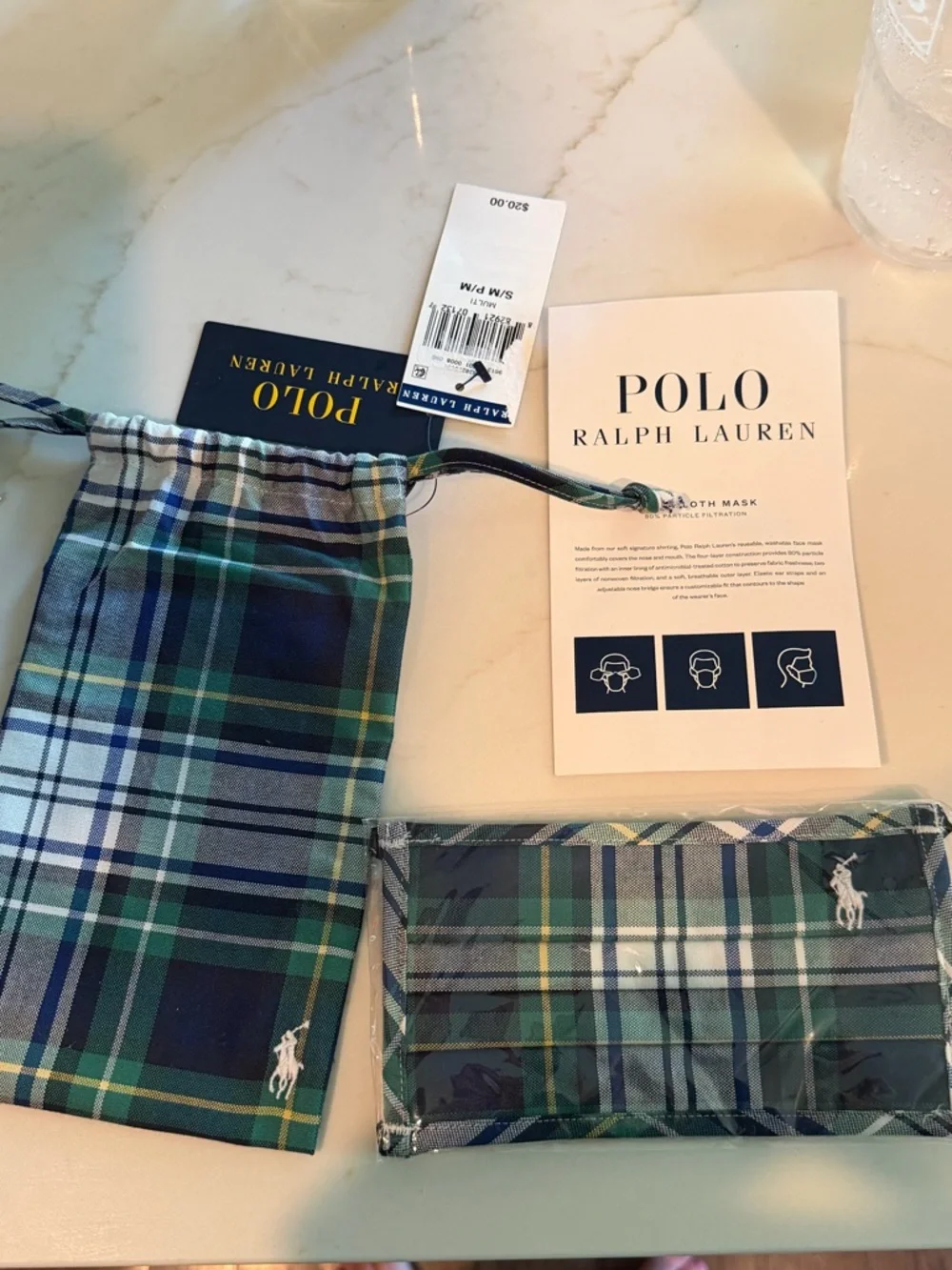 NEW Polo Ralph Lauren Cotton Face Mask Size S/M Green & Blue Plaid With Dust Bag
